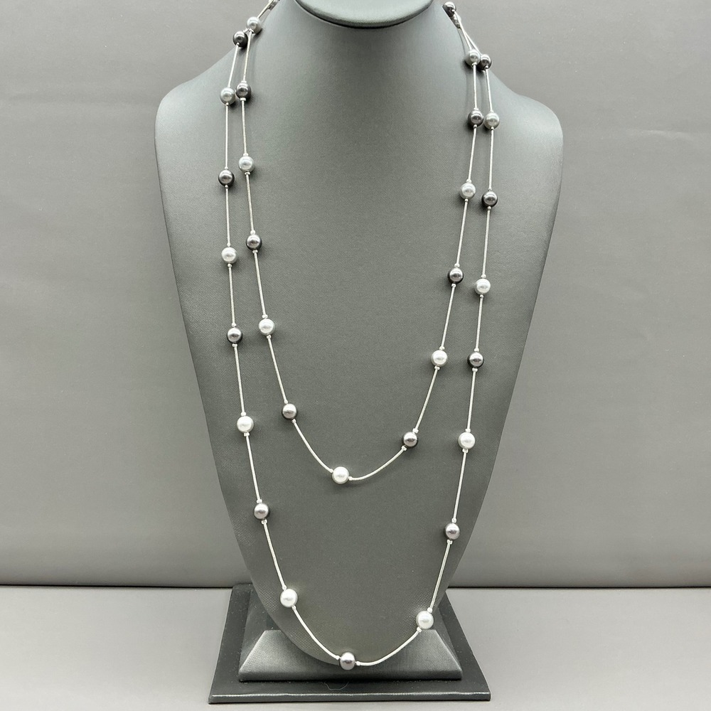 Roman Necklace Womens Silver Tone Pearl Station‎ Snake Chain Double Strand 48"